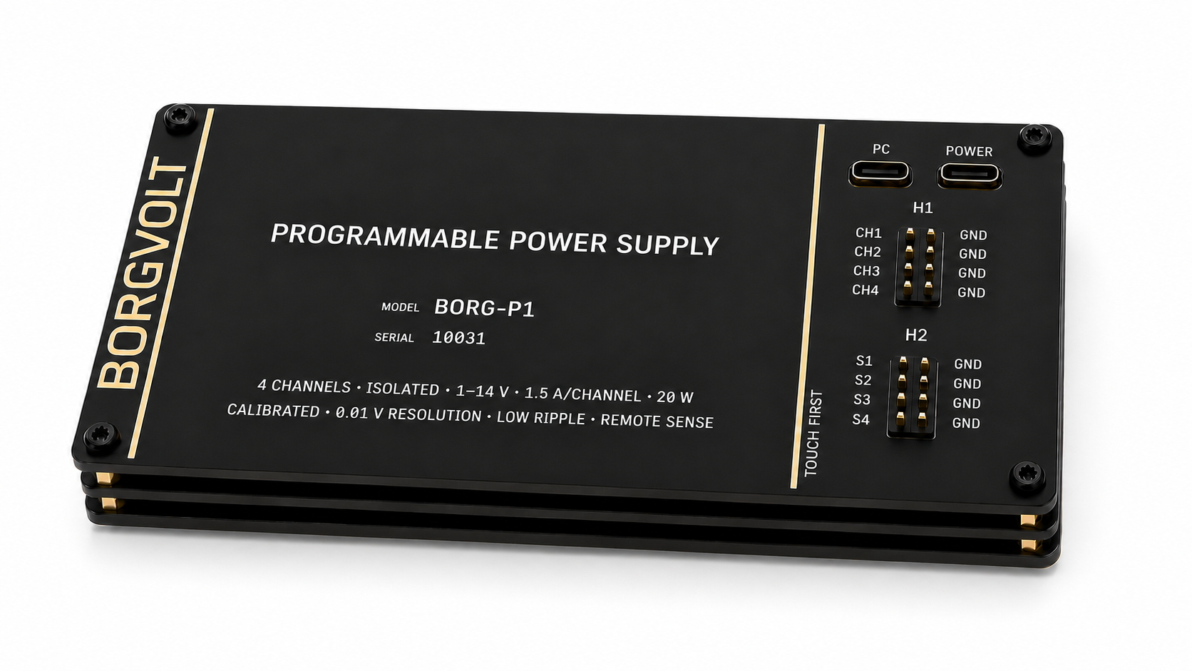 Concept visualization of the black and gold Borgvolt P1 programmable power supply, model BORG-P1